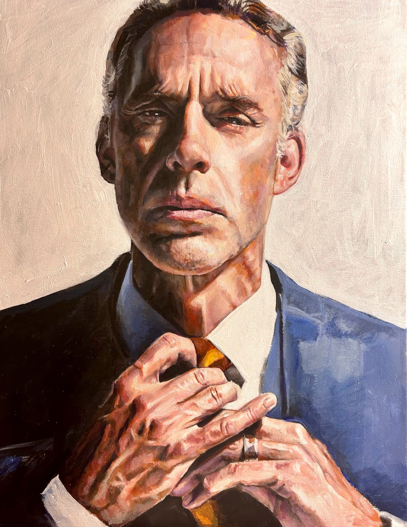 Painted portrait of a man in a blue suit adjusting his tie