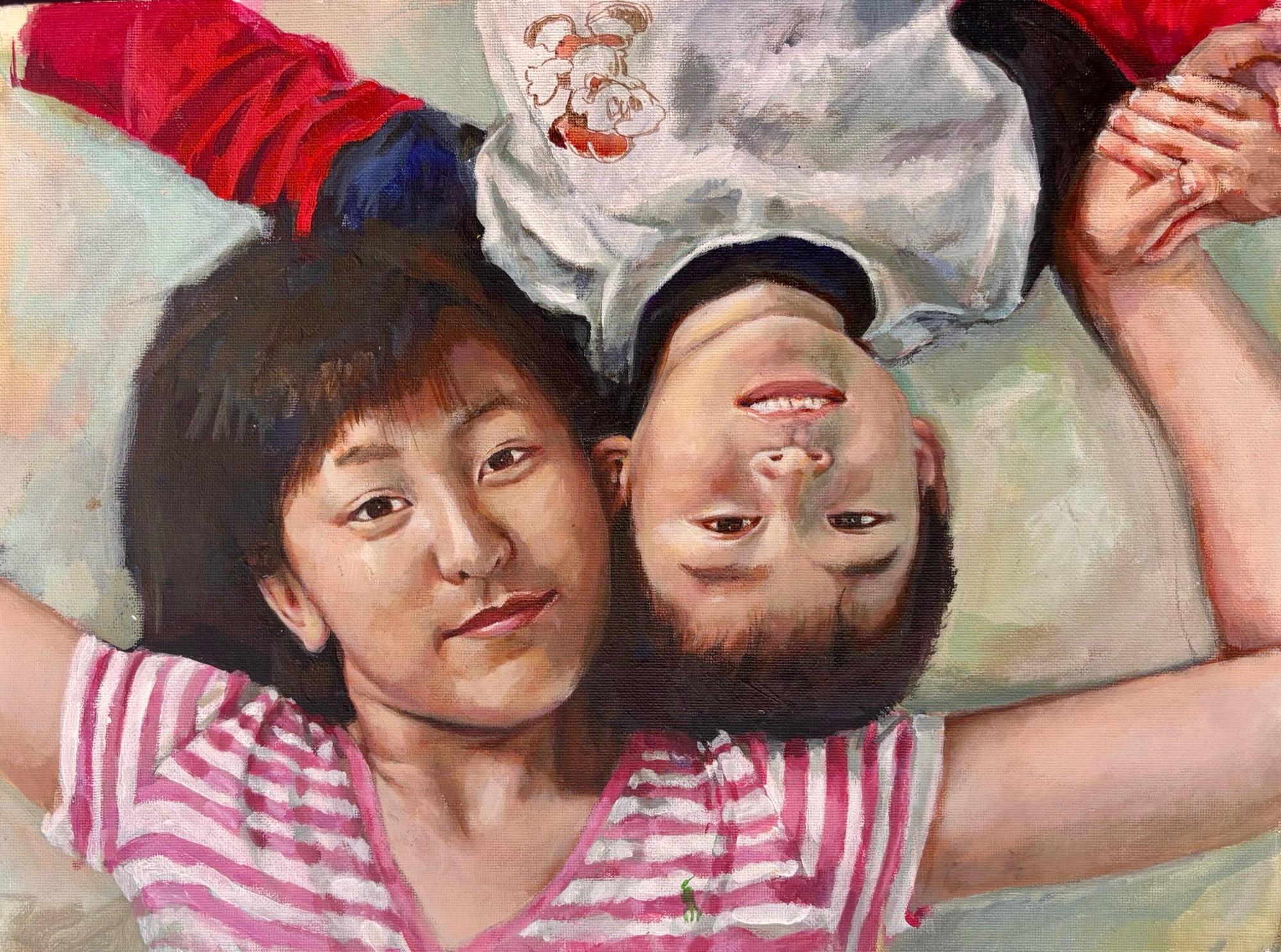Painted portrait of two children lying head to head, smiling