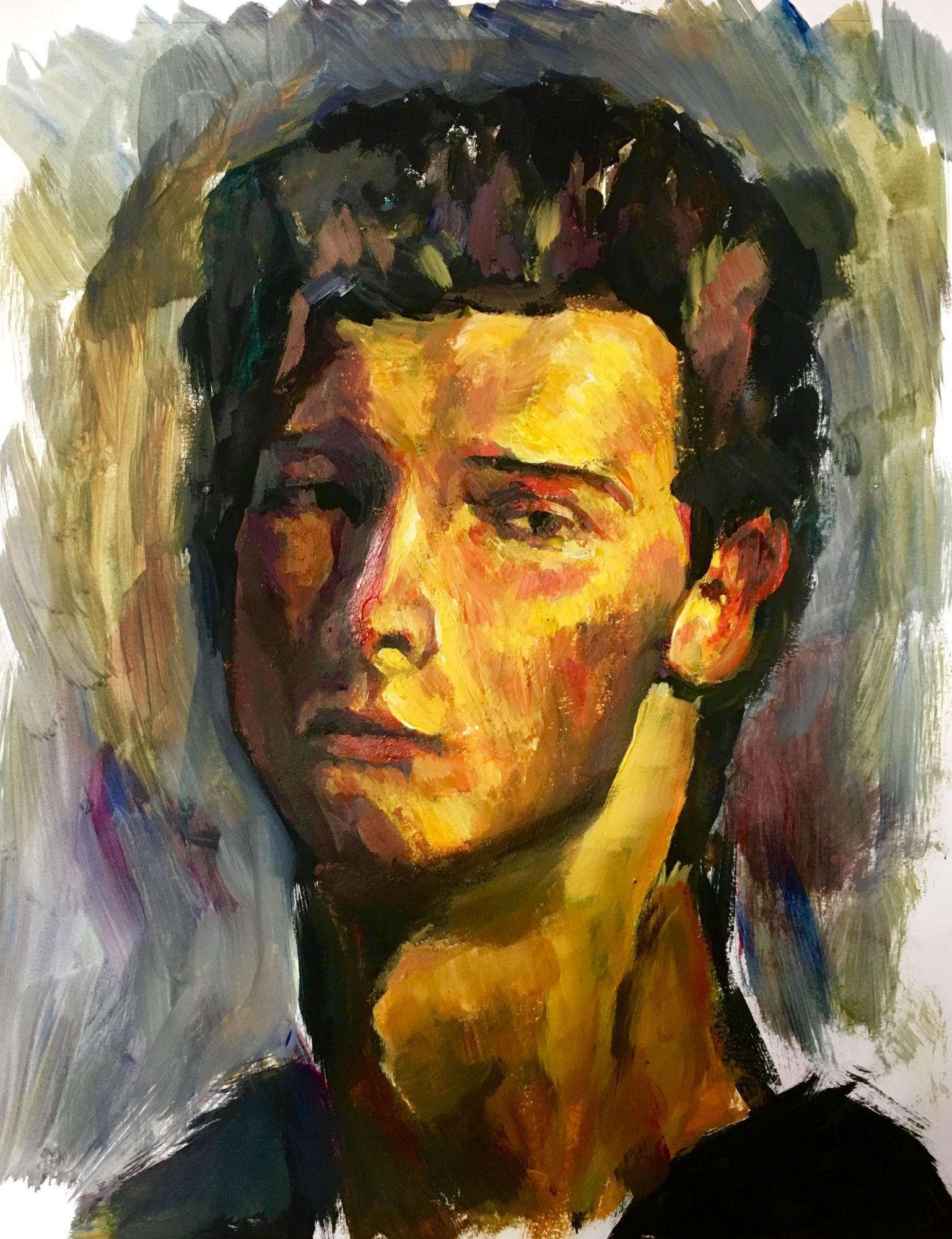 Expressive painted portrait of a young man with dark hair in warm yellow light